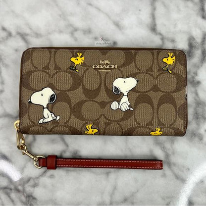 Coach x Peanuts Long Zip Around Wallet Signature Canvas Snoopy & Woodstock Khaki CE705 NWT