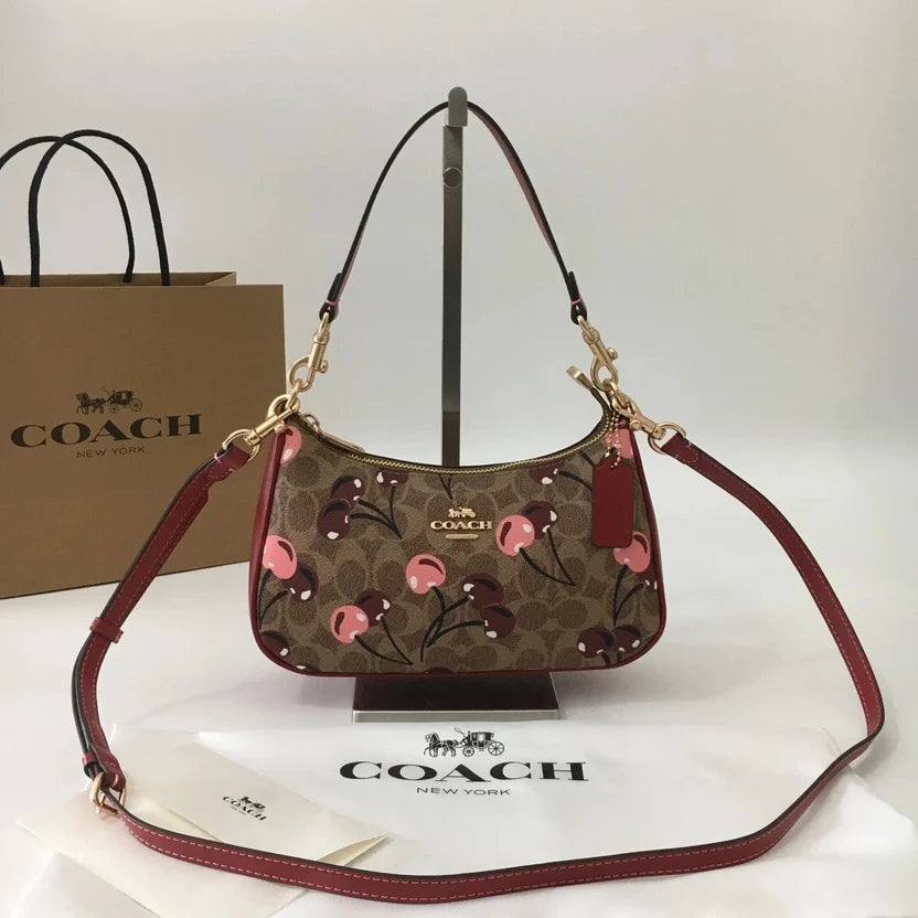 NWT Coach Teri Shoulder Bag in Signature Canvas with Cherry Print Tan Brown CY694