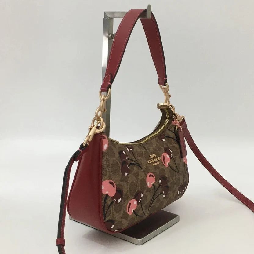 NWT Coach Teri Shoulder Bag in Signature Canvas with Cherry Print Tan Brown CY694